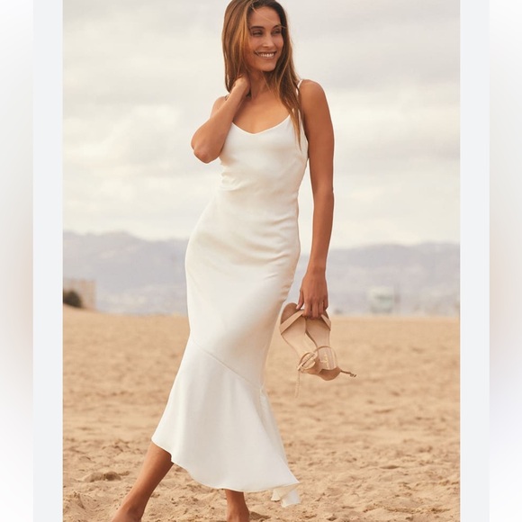 Lulu's Strictly Romance White Satin Asymmetrical Tiered Midi Dress Bride p2.